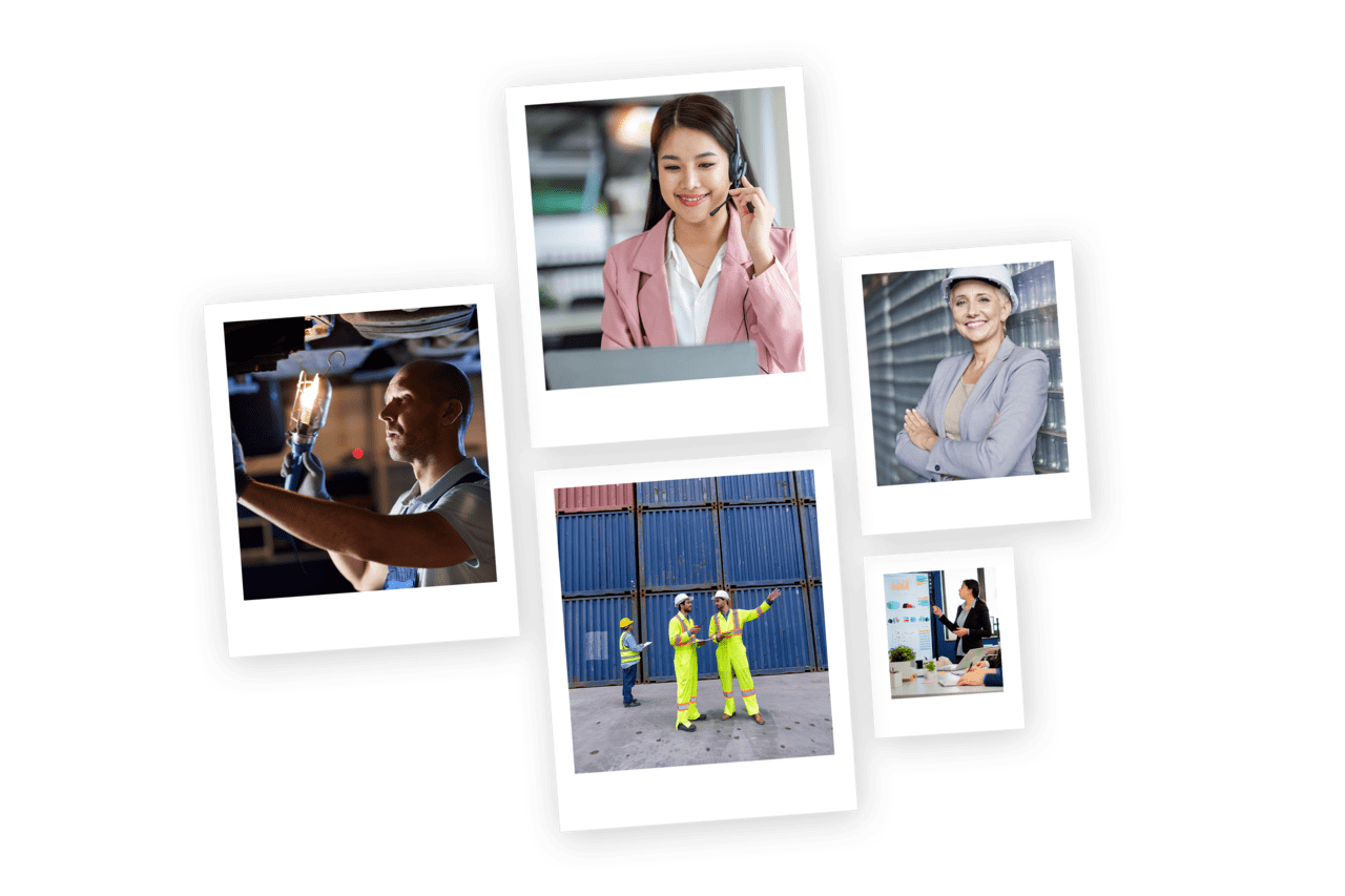 Réalisation de film entreprise - Collage de professionnels variés au travail, illustrant la diversité des métiers et des industries.